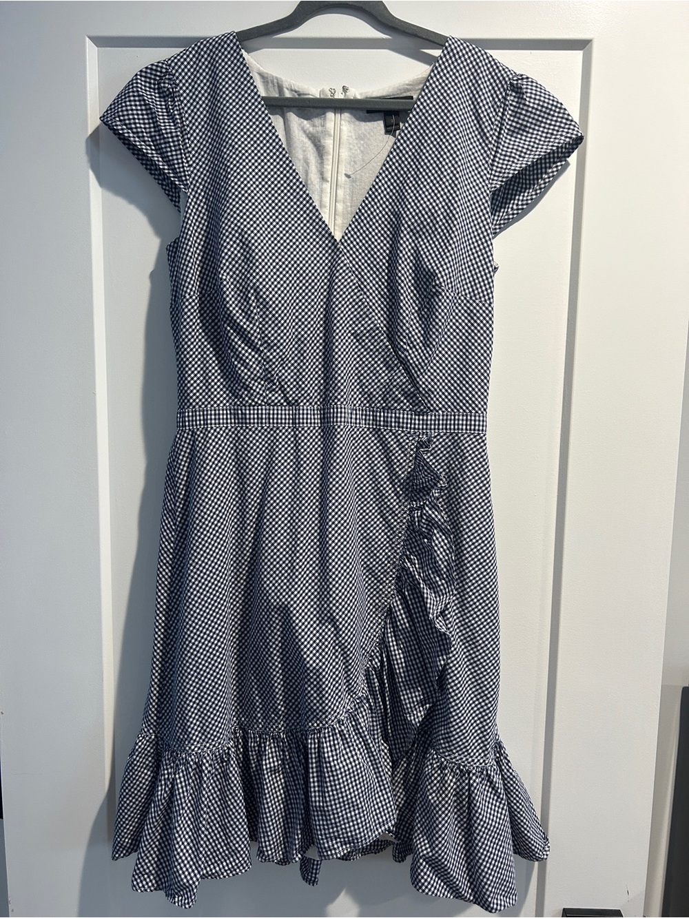 J. Crew Navy and White Gingham Midi Dress with Ruffle Hem